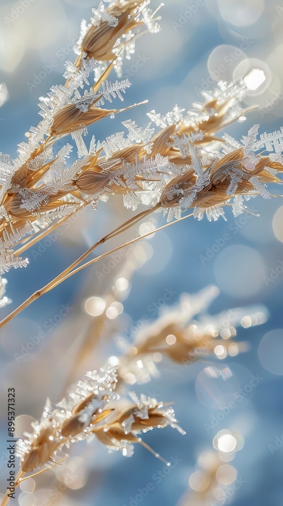 Poster a close-up image of grass stalks covered in a layer of frost, with a bright blue sky and sun-dappled