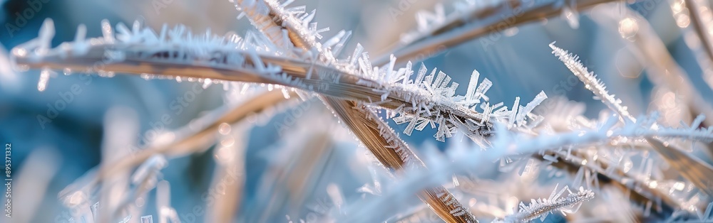 Poster A close-up view of a branch covered in delicate frost crystals. The branch is brown and the frost is white, creating a beautiful contrast. The background is a soft blue, suggesting a clear winter day.