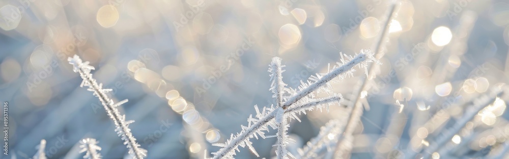 Aufkleber A close-up view of thin branches coated in frost, illuminated by soft morning sunlight. The branches are arranged in a loose pattern, creating a delicate and airy feel. The background is blurred, high
