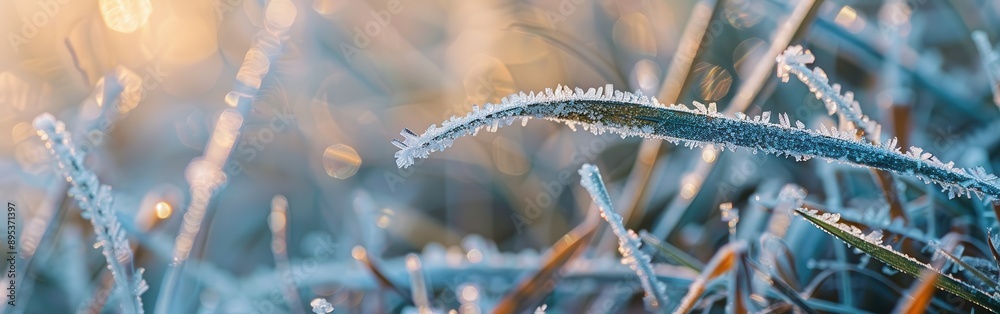 Aufkleber a single blade of grass covered in frost stands out in the foreground, while the background shows mo