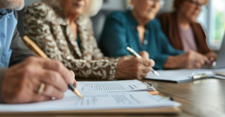 Elderly group engaged in writing activities at a table in a senior community center as part of their daily social and cognitive wellness program