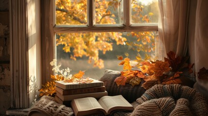 A stack of books rest on a window sill next to a knit blanket with a view of fall foliage through a window. Golden leaves rest on the window sill and the book, creating a cozy, autumnal atmosphere.