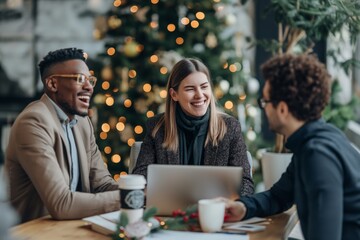 During a cheerful business gathering at a cafe adorned with holiday decorations, colleagues engage in collaborative work over laptops and coffee, creating a productive and festive environment