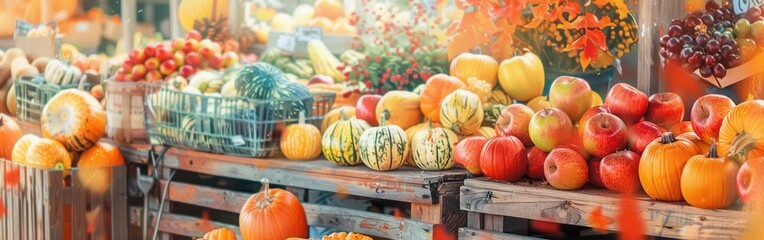 A wooden market stand is overflowing with autumnal fruits and vegetables. Pumpkins, squash, apples, and other fall harvest produce are arranged in colorful displays, with a focus on bright oranges, re