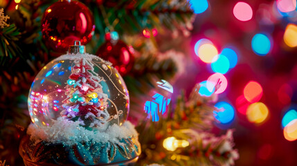 Christmas transparent snowball. Holiday Christmas background with elegant festive snowy glass ball. Happy New Year and Merry Christmas. Xmas snow globe