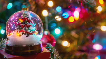Obraz premium Christmas transparent snowball. Holiday Christmas background with elegant festive snowy glass ball. Happy New Year and Merry Christmas. Xmas snow globe