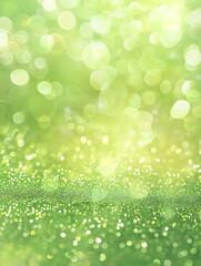 Fototapeta premium Green background with glowing bokeh and sparkles shimmering from the sunlight. Texture Banner for adding text or other design elements for St. Patrick's Day or Christmas