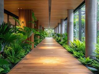 Stunning Indoor Corridor Filled with Lush Greenery and Diverse Flora, A Serene Passageway Designed for Relaxation and Tranquility