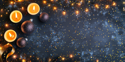 Festive Christmas scene with candles and ornaments on a dark, starry background.