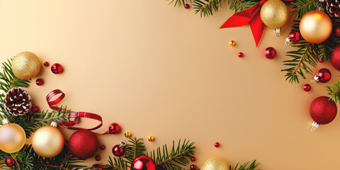 Classic Christmas composition with red and gold ornaments, pine branches, and lights on a beige background.