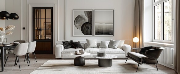Serenely Scandinavian styled white living room with elegant sofa chairs and modern decor.