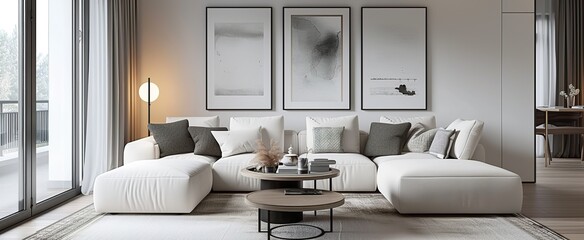 Serenely Scandinavian styled white living room with elegant sofa chairs and modern decor.