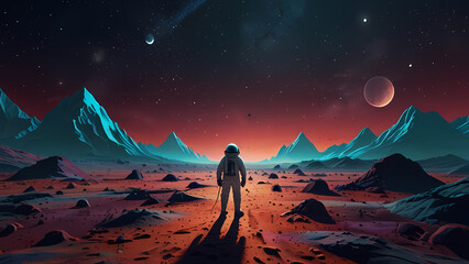 Fototapeta premium Illustration background Of an astronaut is exploring an alien landscape