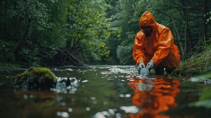 Scientist in protective gear collecting water sample