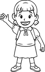 Vector Cartoon Happy Student In Girl School Uniform Waving Line Art
