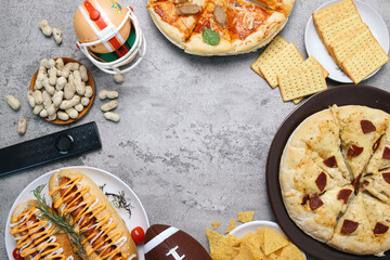 Top View Of Various Fast Foods Over Grey Background. Watching Sports Game Match