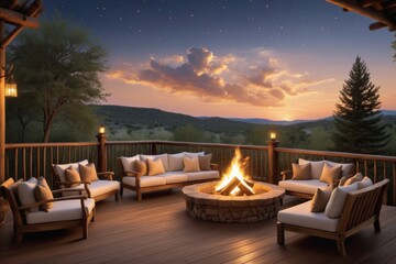 Romantic wooden tables and chairs patio offer dining with stunning views at summer