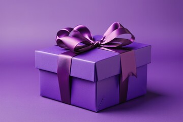 Obraz premium Purple gift box with satin ribbon isolated on solid background