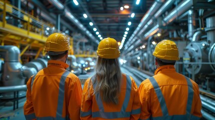 Industrial workers in a factory wearing safety helmets