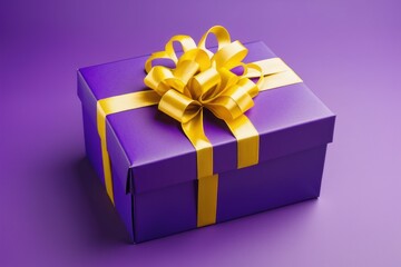 Obraz premium Purple gift box with yellow satin ribbon isolated on solid background