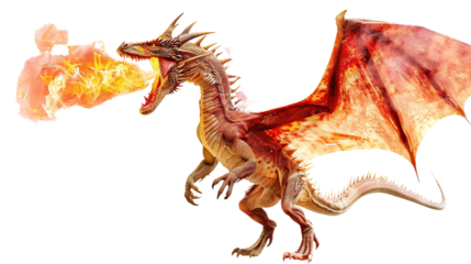 Fire breathing dragon isolated on white background.