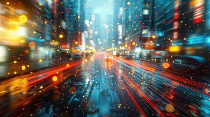 Fototapeta premium Bright city traffic at night with festive holiday lights and fireworks