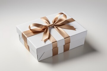Isolated white gift box with golden ribbon bow perfect for holiday present or birthday surprise