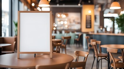Blank board on the table with blur background of cafe interior. Generative ai