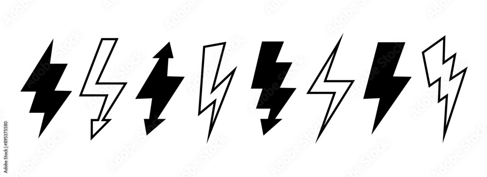 Poster lightning bolt set. black and outline thunder bolt symbol collection. flash thunderbolt elements for