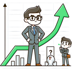 Businessman standing with crossed legs and leaning on rising profit growth graph. Investment profit growth, financial advisor. Make money to get rich or