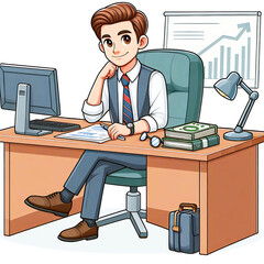 Happy businessman is sitting at desktop. Work the computer, financial analytics. Office worker or company employee. Front and back side. Vector illustration in cartoon style
