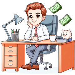 Happy businessman is sitting at desktop. Work the computer, financial analytics. Office worker or company employee. Front and back side. Vector illustration in cartoon style
