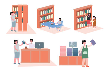 Naklejka premium Library illustration scene set