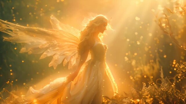 portrait of winged angel like fairy queen flying through an ancient forest,generative ai