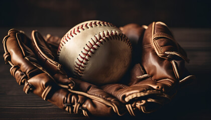 A baseball in a baseball glove