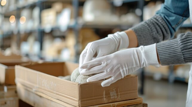 A museum curator unpacking a crate of ancient sculptures.