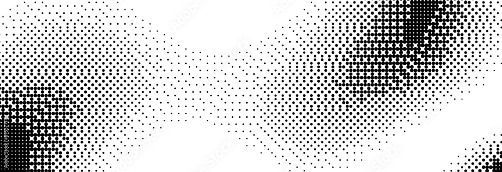 Poster Pixelated bitmap gradient texture. Black dither wavy background. 8 bit video game screen wallpaper. Retro glitch pixel art backdrop. Abstract curve dithering border overlay. Vector