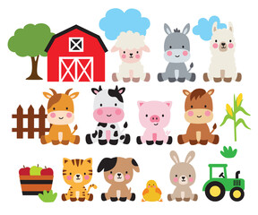Cute baby farm animals vector illustration set including a cow, horse, sheep, donkey, alpaca, llama, goat, pig, cat, dog, chicken, rabbit, barn, tractor and other farm-related items.