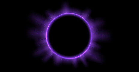 Purple planet eclipse concept. Solar light rays and glare effect. Glowing sun crown in dark space. Earth halo with blazing edge. Vector illustration design for poster, banner, cover, brochure, booklet