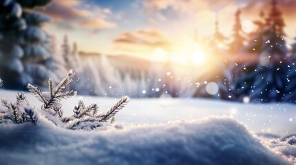 A snow covered forest with a small tree in the foreground