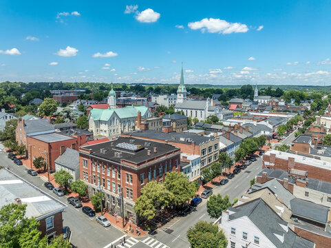 Aerial view Fredericksburg Virginia with Circuit Court building , historic business district, Baptist church, Chatham bridge over Rappahannock River