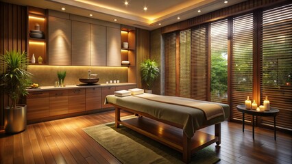 Soothing ambiance, dim lighting, and calming d?cor create serene atmosphere in luxurious spa room with empty massage table waiting.