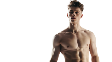 Skinny shirtless man isolated on white background.