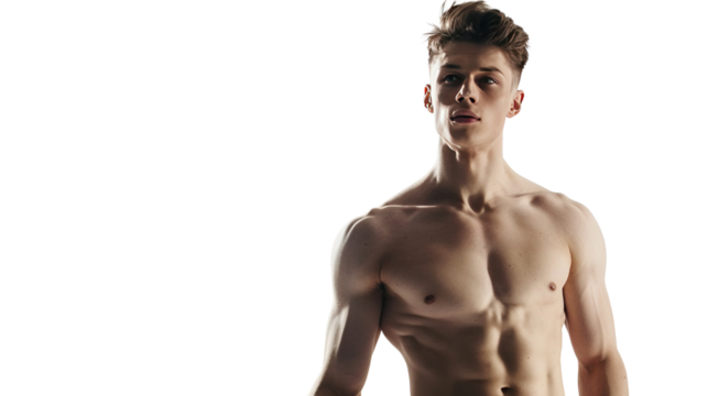 Skinny shirtless man isolated on white background.