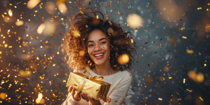 A joyful woman is seen celebrating with a gift surrounded by sparkling confetti. She expresses happiness and excitement in a festive and cheerful moment, filled with joy and magic