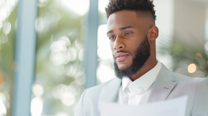 A man with a beard and a suit is looking at a piece of paper