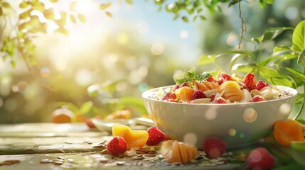 Naklejka premium A smoothie bowl with a variety of tropical fruits and seeds, sunny outdoor setting, bright and vibrant colors, photo realisti
