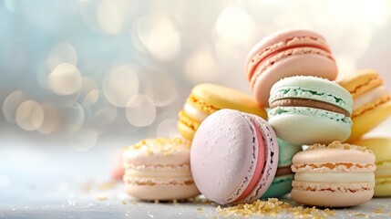 A variety of French macarons in pastel colors, elegant patisserie background, bright and vibrant, highly detailed