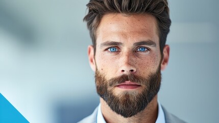 Obraz premium A man with a beard and blue eyes is standing in front of a white wall