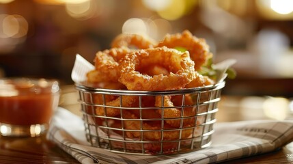 Basket of crispy onion rings with a side of dipping sauce, casual dining backdrop, warm and vibrant colors, highly detailed